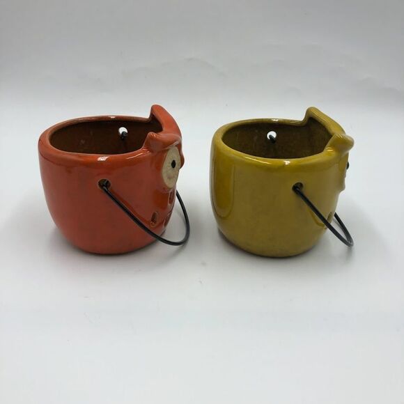 Vintage Gerson International Ceramic Owls Set of 2 with Handles Orange Yellow - Picture 8 of 11